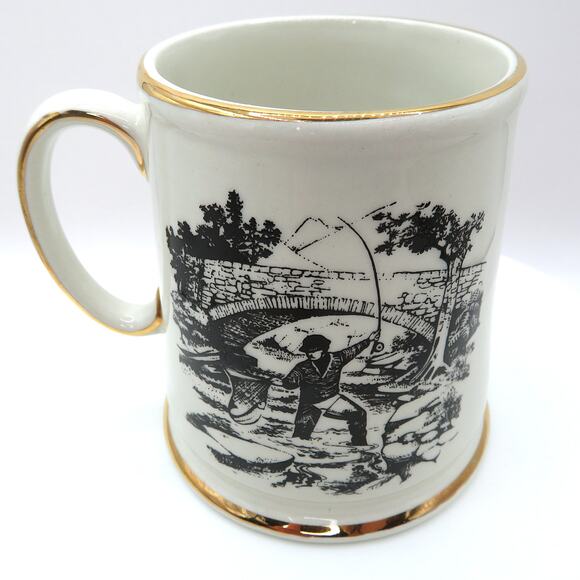 James Kent Ltd Old Foley Mug Fisherman Scene Black Transferware Gold Trim - Picture 13 of 13